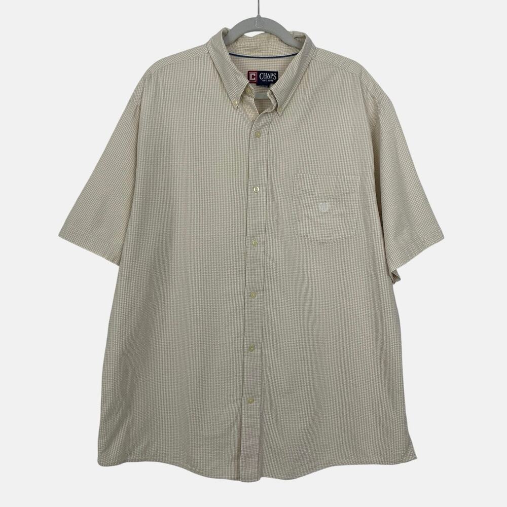 Chaps Mens Beige Micro-Gingham Short Sleeve Button Down Shirt